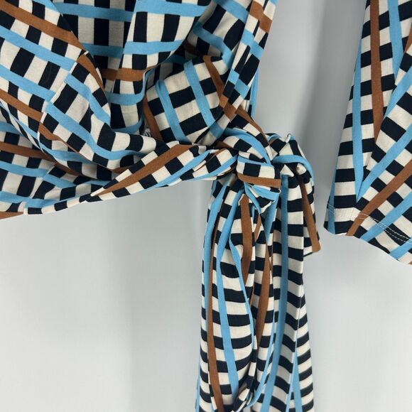 J. McLaughlin Wrap Top Womens XS Blue Brown Geometric Print Blouse Stretchy Soft - Picture 4 of 12